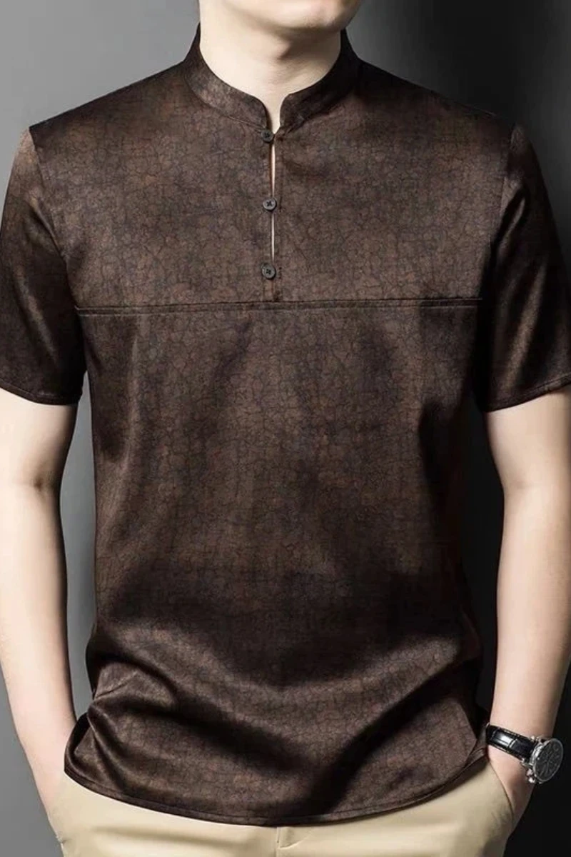 Men's Mandarin Collar Short Sleeve T-Shirt Chinese Style Solid Color Breathable Daily Wear Casual Top