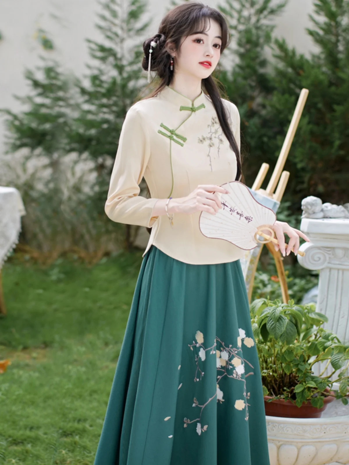 Retro Embroidered Chinese Style Women's Suit Tea Costume Ear Picking Workwear Class Uniform Traditional Ensemble Autumn 2024