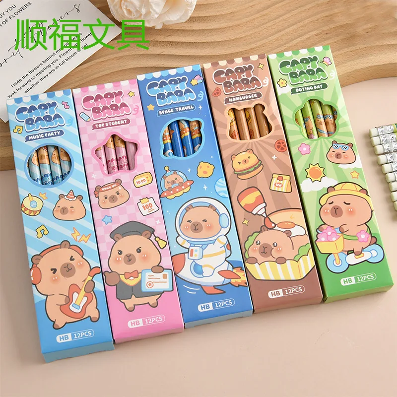 

12Pcs/Set Cute Cartoon Capybara 2B Wooden Pencil Eraser Kawaii HB Pencil Sketching Pen Drawing School Students Stationery