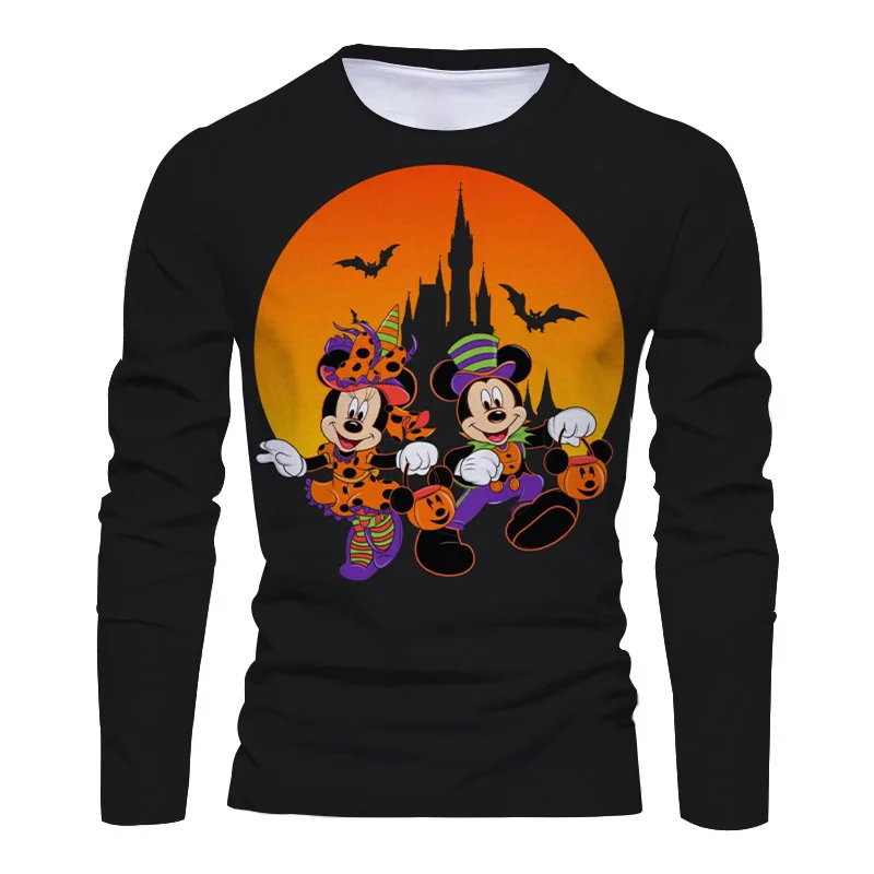 

New Halloween Collection Disney Brand Mickey and Minnie Anime 3D Printing Fashion Casual Men's Round Neck Long Sleeve T-Shirt