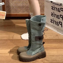 2024 Fashion Slip on Thick Heel Long Booties Autumn Winter Women Western Cowboy Boots  Retro Style Female Denim Shoes Size 35-40