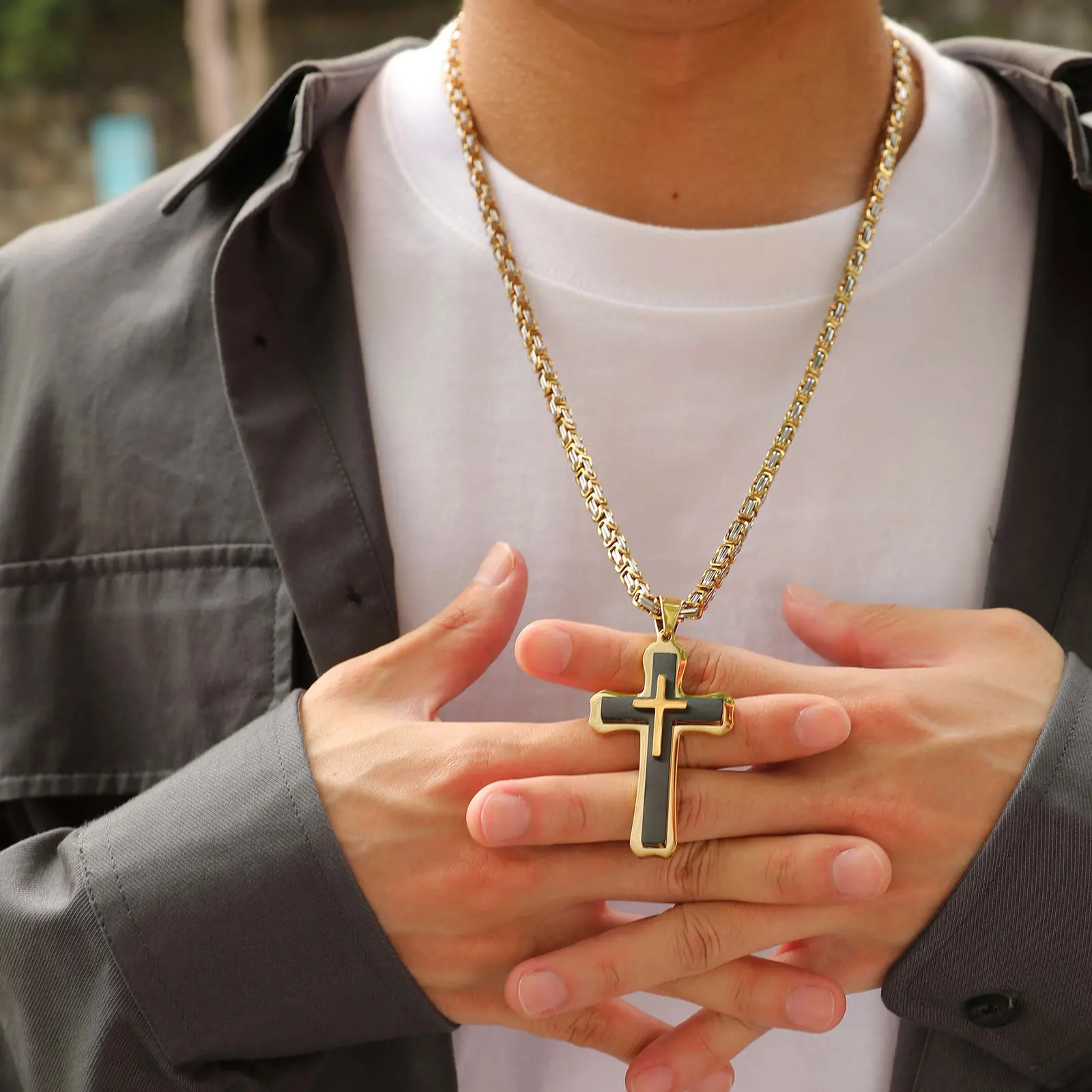 MP Heavy Cross Necklaces for Men Boys,Retro Byzantine Link Chain Necklace,Two Tones Pendant Necklace,Prayer Jewelry