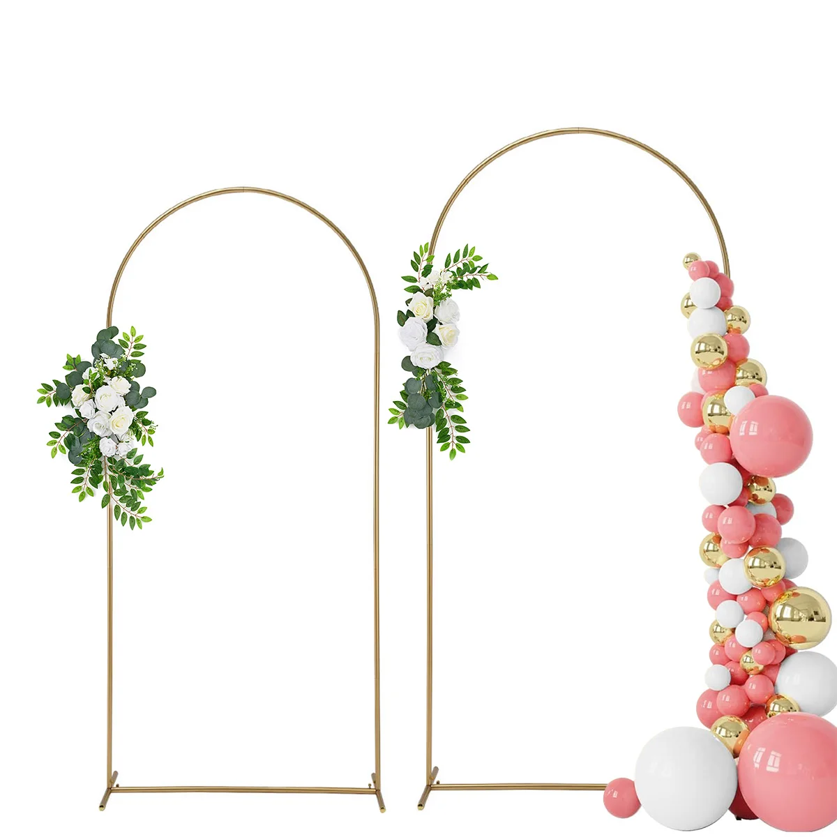 6.6FT & 6FT Metal Wedding Arch Stand Set of 2 with 2 Sets Artificial White Rose Flowers Gold Square Arch Frame for Party Bridal