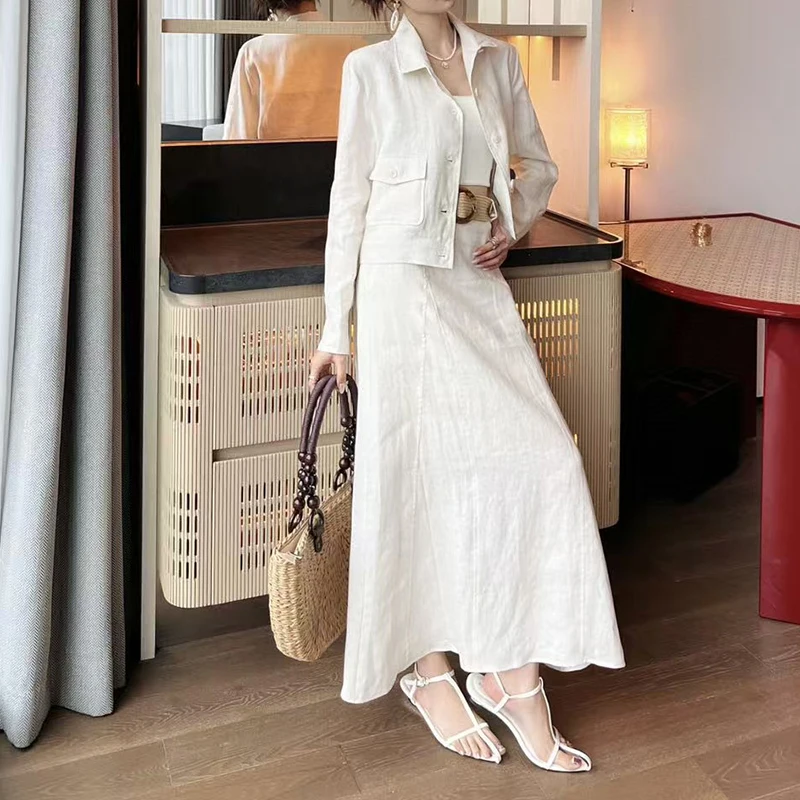 Falda de medio cuerpo de lino para mujer, falda larga con decoración de cinturón, falda acampanada de viajero a la moda, conjunto de chaqueta de alta calidad, verano, nuevo,