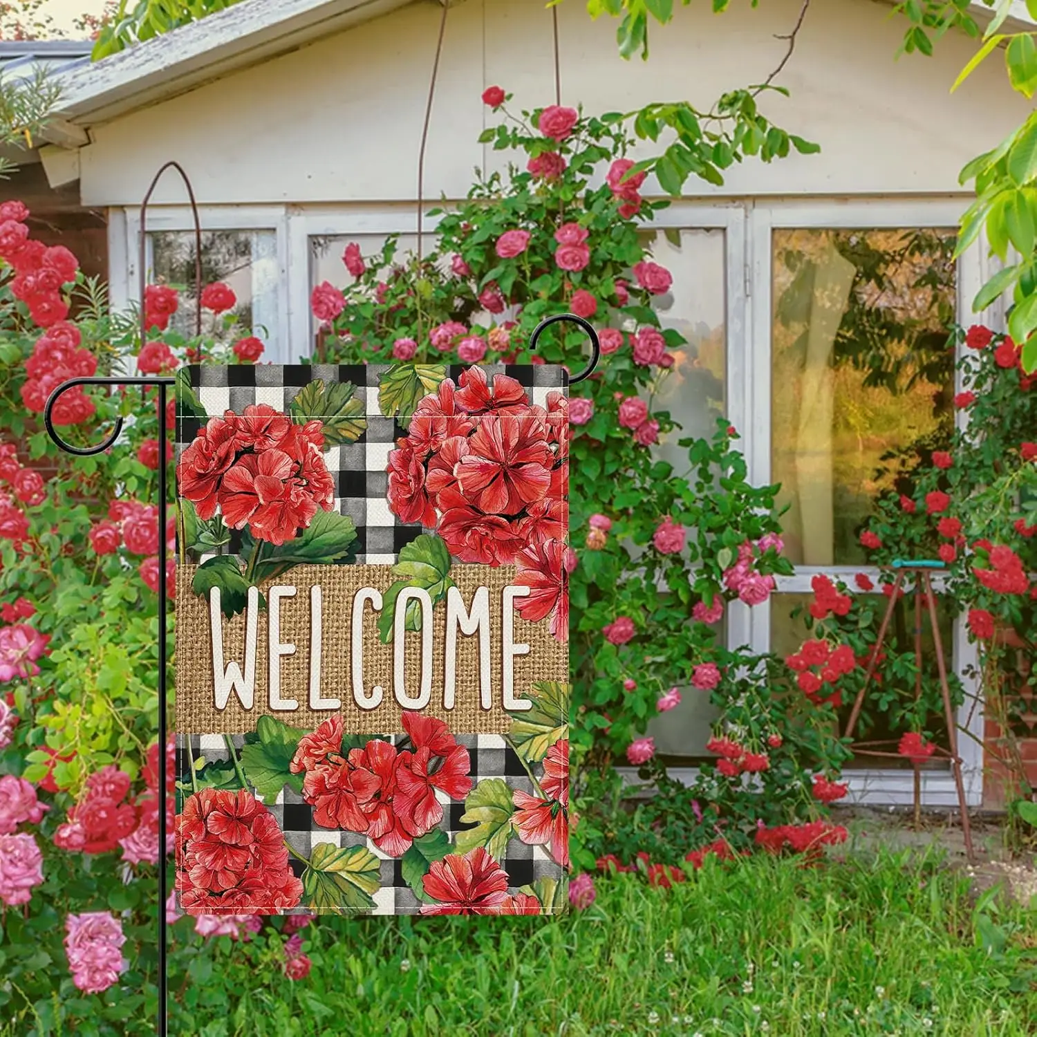 Dyrenson Welcome Spring Summer Geranium Flower Decorative Garden Flag, Red Floral Buffalo Plaid Yard Outside Home Decoration AAS