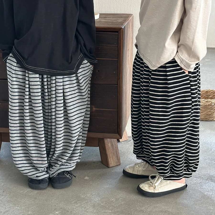 Kids Pants 2026 Spring And Summer New Childrens Clothing Korean Style Boys And Girls Loose Foreign Style Striped Knitted Pants