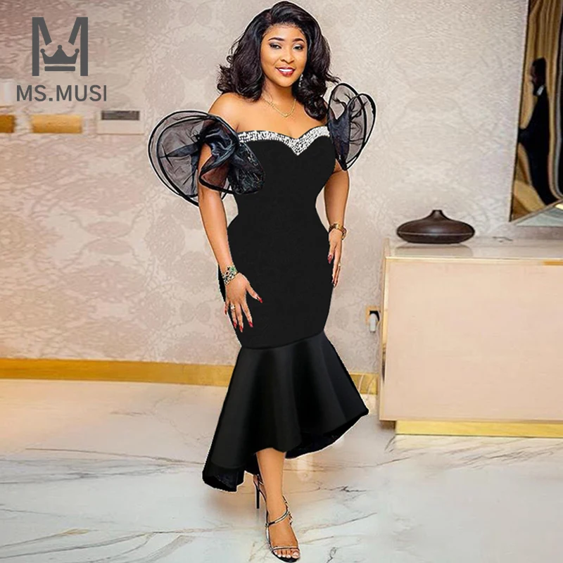 

MSMUSI 2023 New Fashion Women Sexy Off The Shoulder Crystal Falbala Ruffles Draped Fold Lace Bodycon Party Club Event Midi Dress