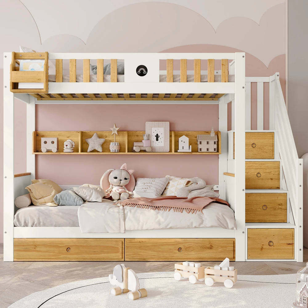 PINGGO Weißes Naturholz-Etagenbett 90x200cm mit Stauraum-Treppe, 4 Schränken, 2 Schubladen, offenem Regal, Fallschirmgitter, Kiefer+MDF, ohne Matratze – Detail 4