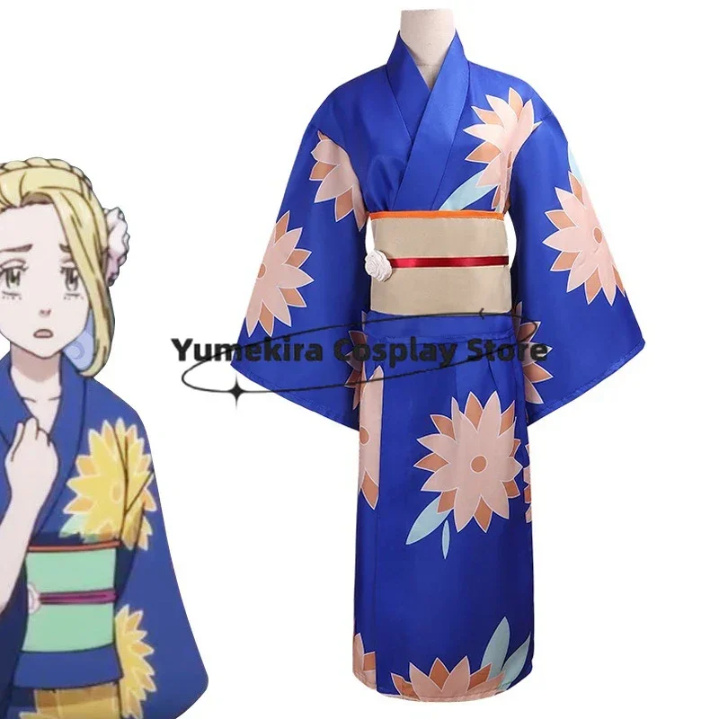 Anime Tokyo Revengers Emma Cosplay Costume Blue Japanese Kimono Full Suit Lovely Woman Girl Halloween Carnival Party Convention