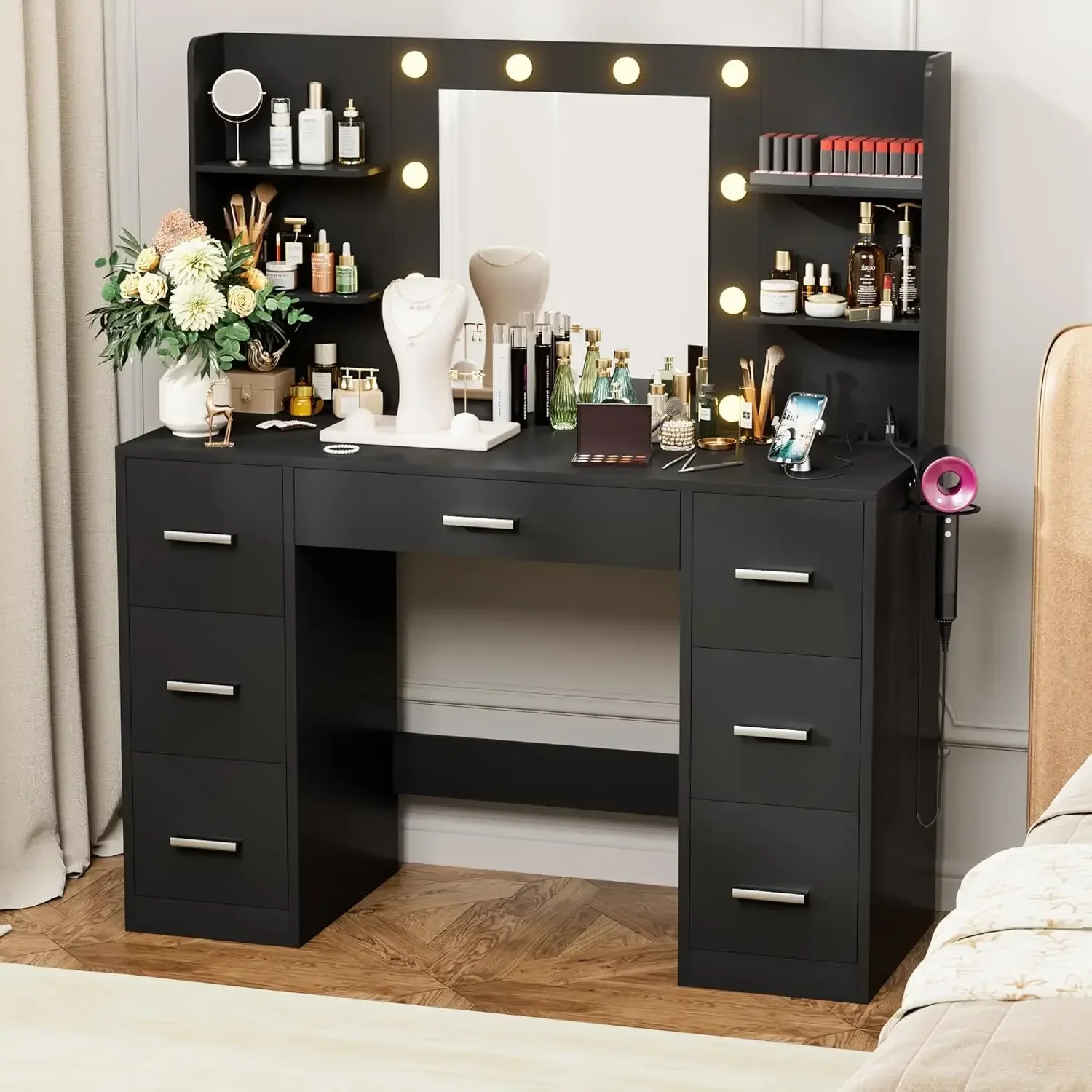 

Vanity Desk with LED Lighted Mirror&Power Outlet, 3 Model Lights Makeup Vanity Table with 7 Drawers and 6 Storage Shelves