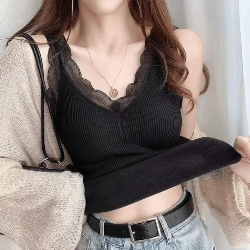 Therme Lingerie Lace Thermal Underwear Seamless Thicken Warm Base Layer Vest Plush Sleeveless Heating Cami Top Winter