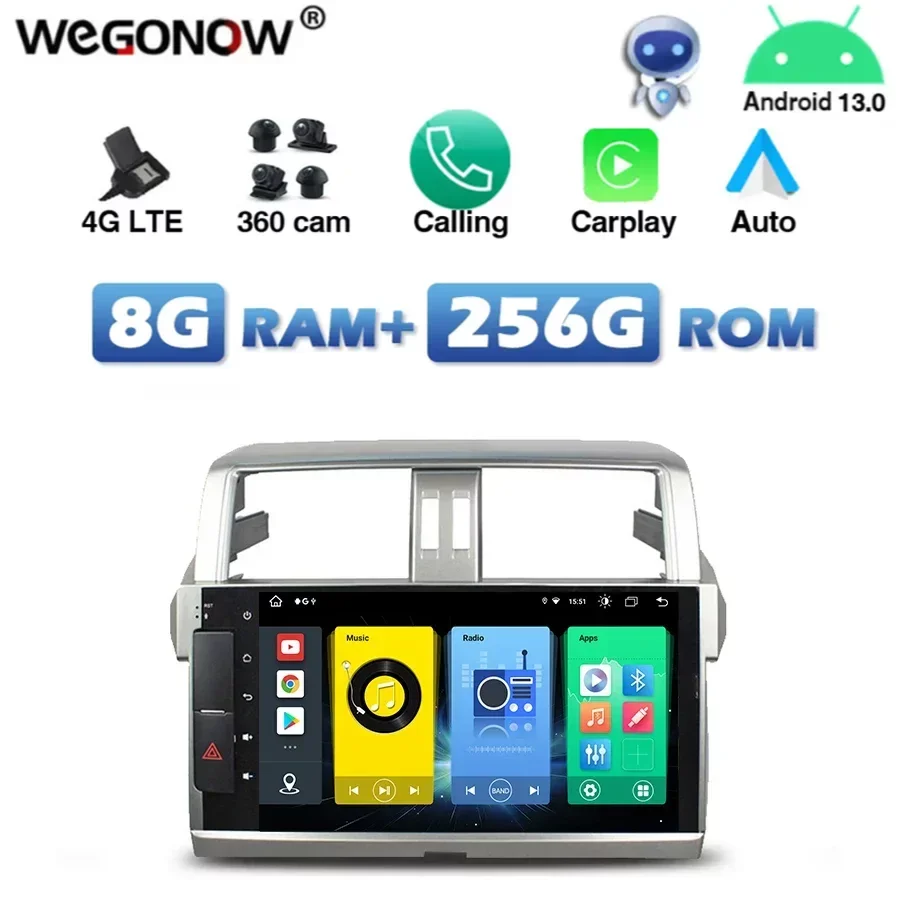 4G SIM Carplay Auto Android 13.0 8GB+256GB Car DVD Player Wifi Bluetooth RDS Radio GPS For Toyota Land Crusier PRADO 2014 2015