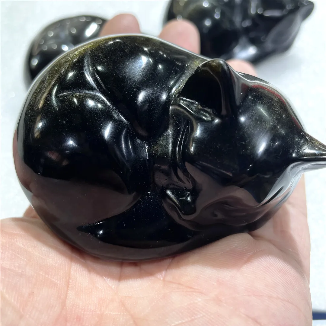 Natural Gold/Sliver Obsidian Crystals Carved Sleeping Cat Animal Figurine Craft Pet Stone Gift Cute Ornament Bedroom Decor