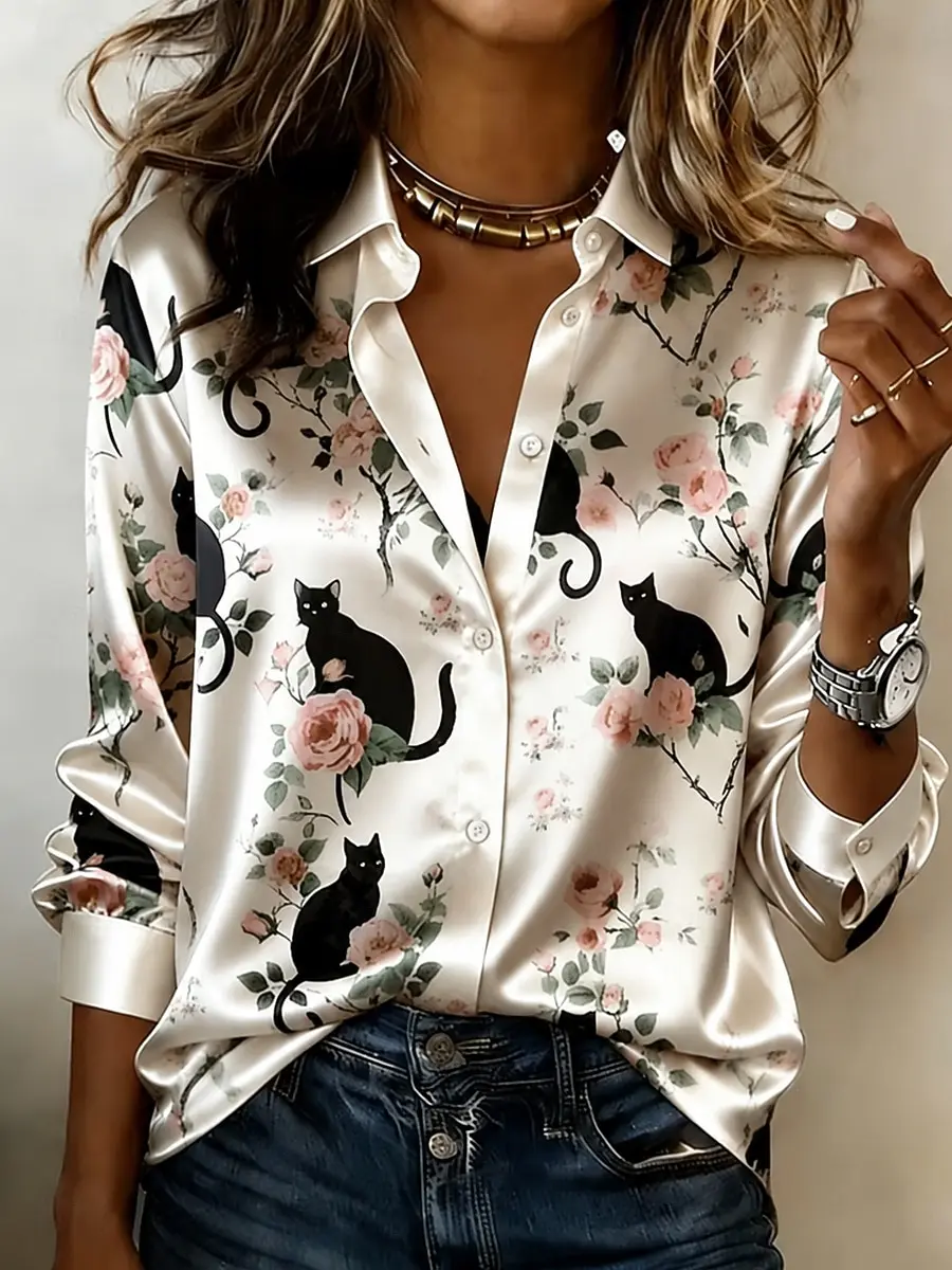 Women's Spring Summer 3D Printed Collar Button Down Blouse, Cream Base Pink Rose Black Cat Mix Vintage Soft Office Shirt view 2
