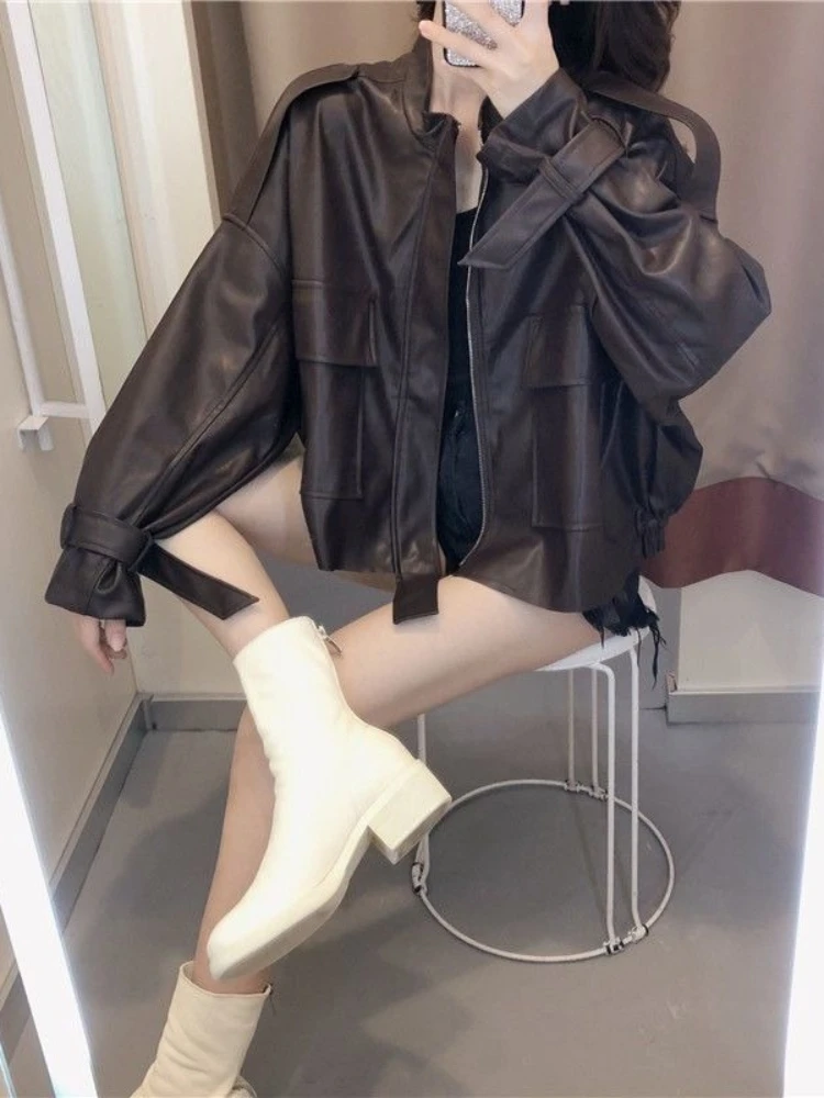 Brązowa Krótka Skórzana Kurtka Damska Kieszenie Japoński Zamek Błyskawiczny Skórzana Kurtka Damska Luźna Retro 2025 Lato High Street Płaszcz Moda