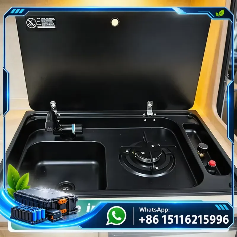 RV Sink Stove Combination Black Nano Coated SUS304 Steel Single Burner Tempered Glass Cover Suitable for Campers, Caravans,