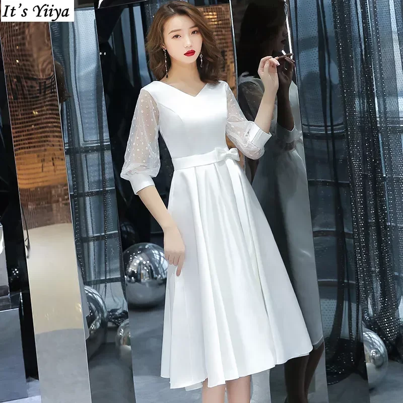 

It's Yiiya White Evening Dresses V-neck illusion Lantern Sleeves Zipper A-line Tea-length Robe De Soiree Women Party Formal Gown