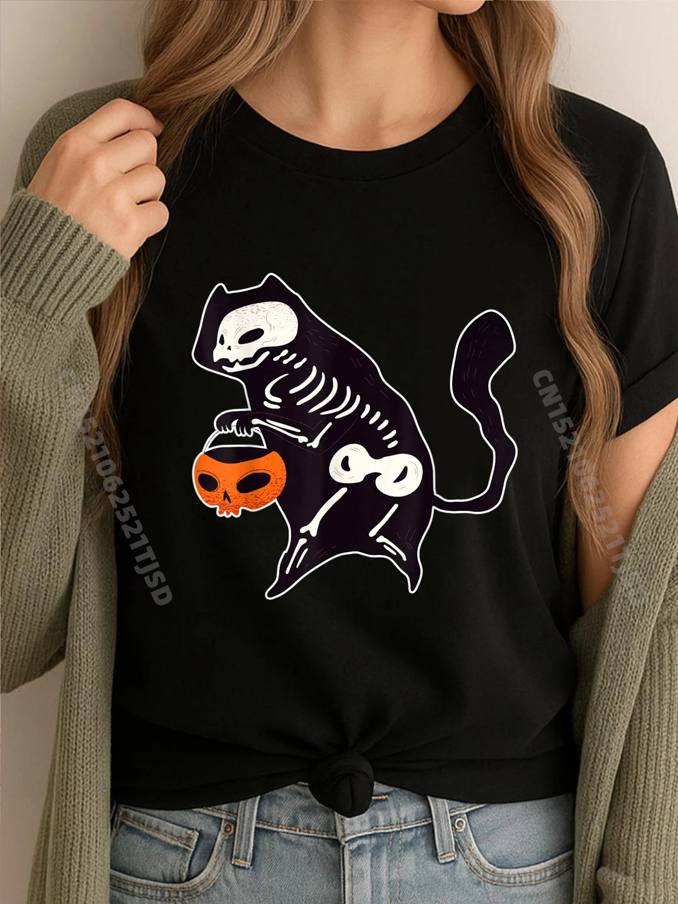 

Хэллоуин Конфеты Коллекционирование Кот Скелет Симпатичная Художественная Графика Футболка Camiseta Harajuku