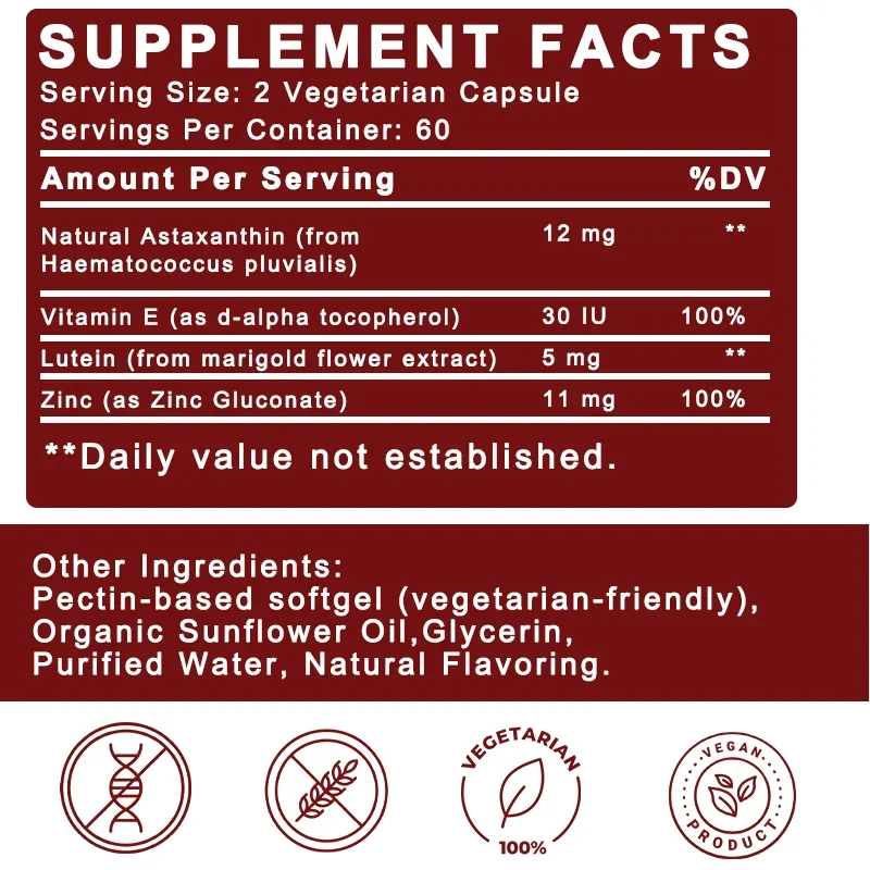 Astaxanthin Complex Capsules 12mg for Brain, Heart, Joint Bone, Eye, Skin, Immune System Health