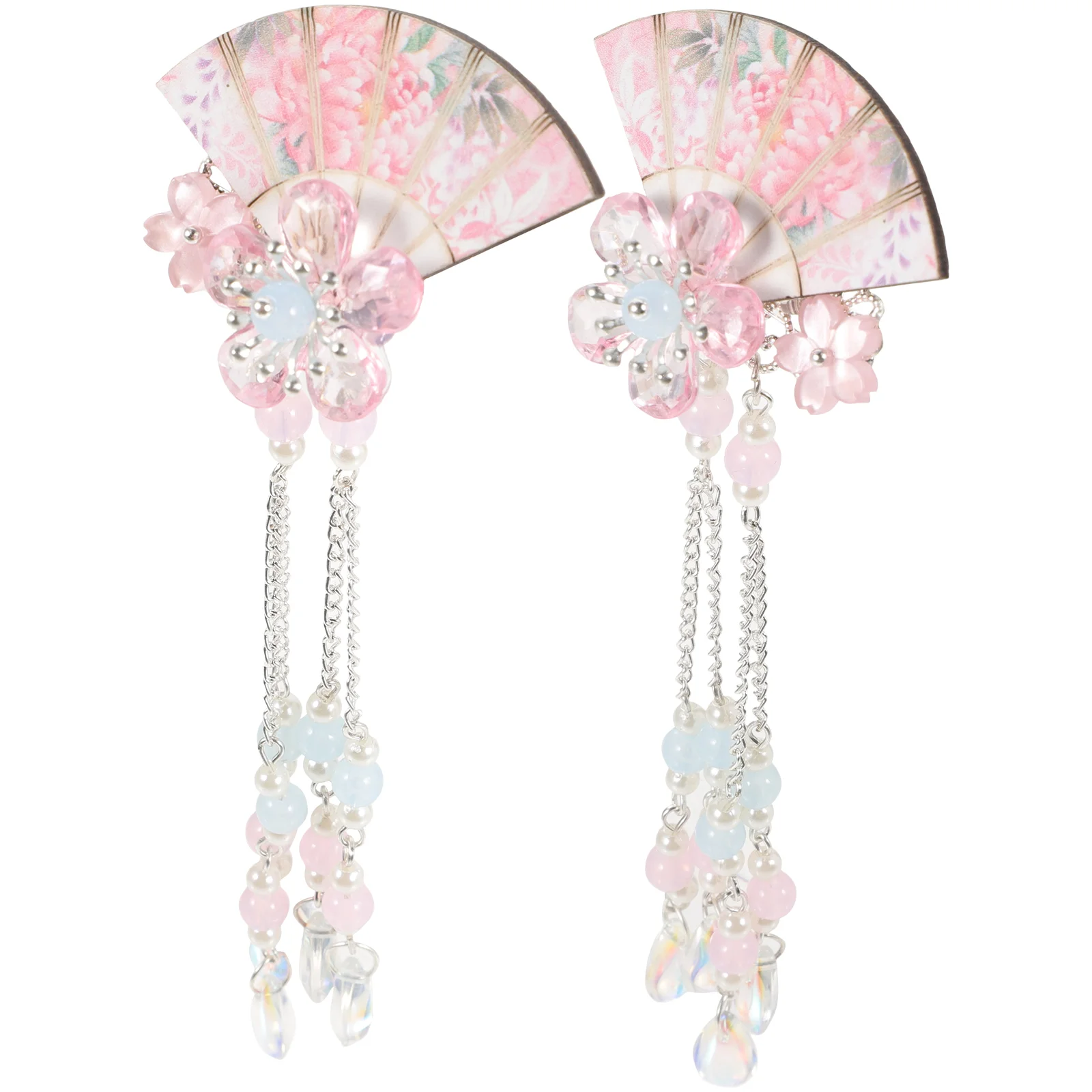 2 Pcs Tassel Hairpin Japanese Style Pins Flower Modeling Chinese Clip Pink Iron Fan Women's