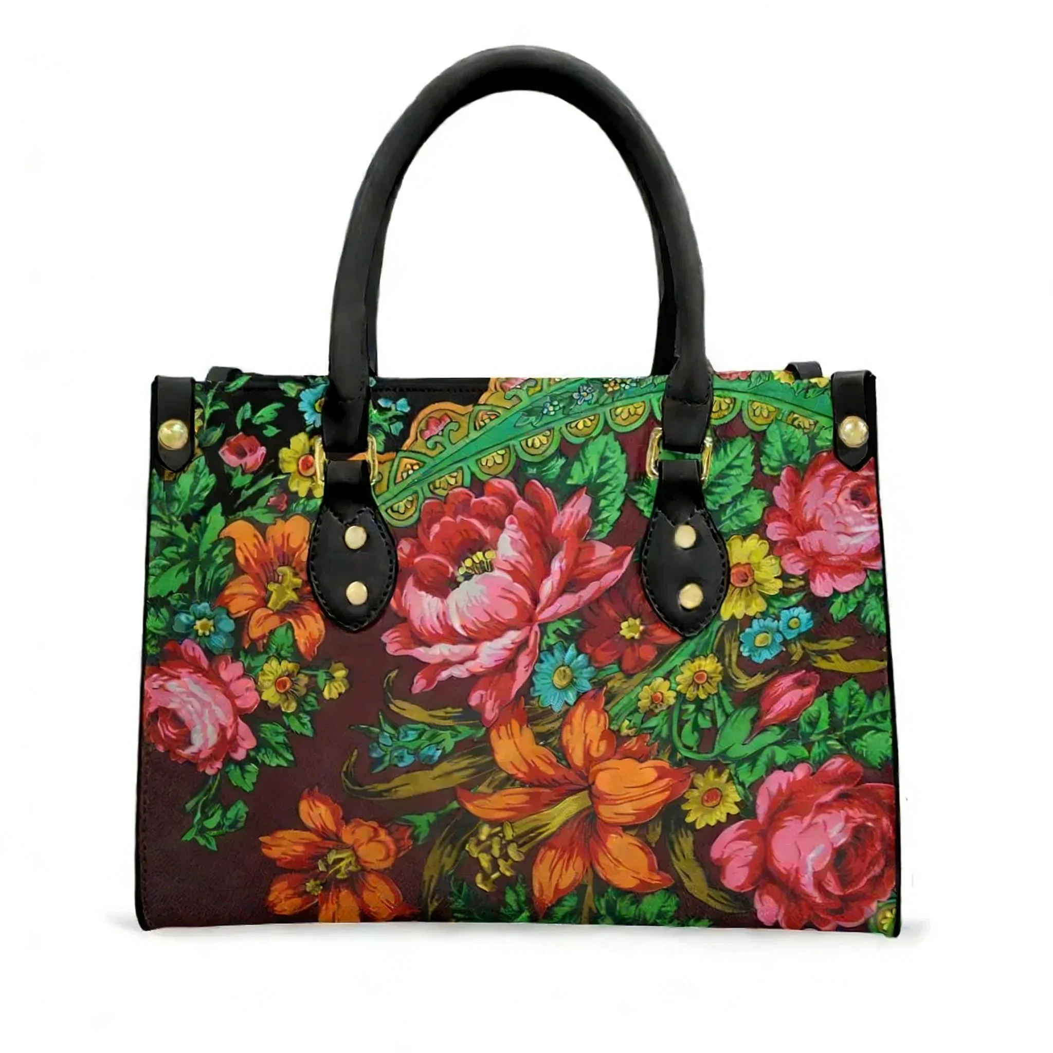 

Fashionable Ethnic Floral Prints Tote Bag Purse Women Men Personalized Text Image PU Leather Handbag Business Shopping Gift Bags