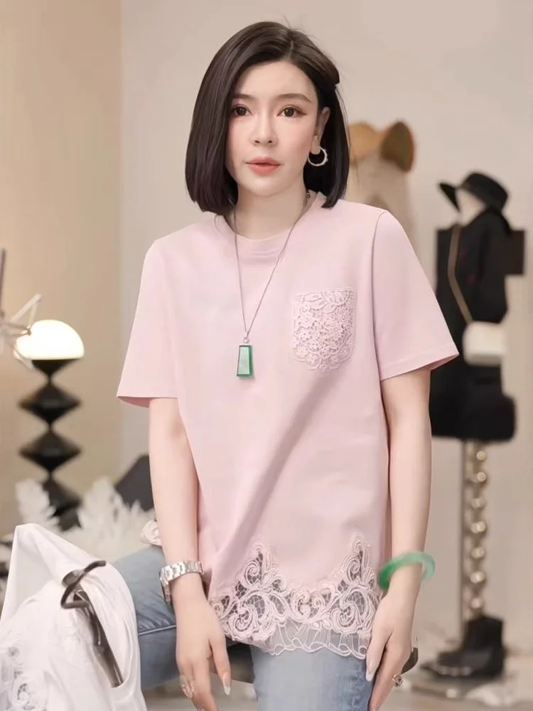 

Lace Splice round Ne ort Sve T-irt Pure Color Bot Hem Lace Hook Summer Casual Comfortable Women's Top