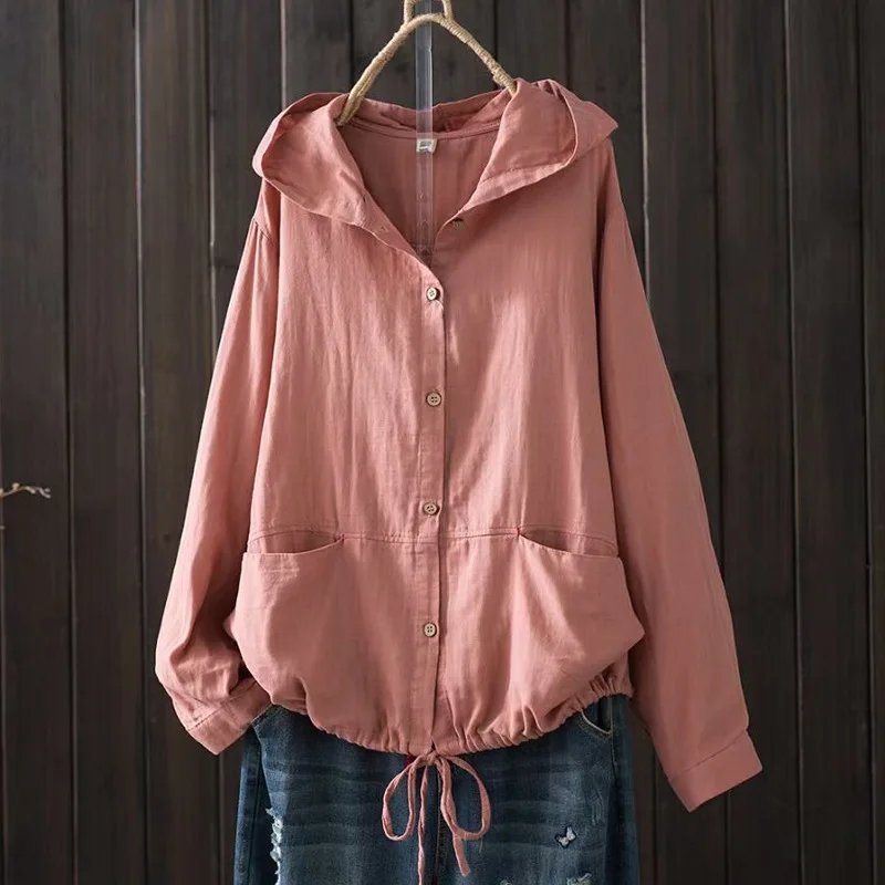 

SuperAen 2024 Summer Japan Korean Solid Loose Large Double Layer Cotton Hooded Long Sleeve Lace Up Cardigan Jacket