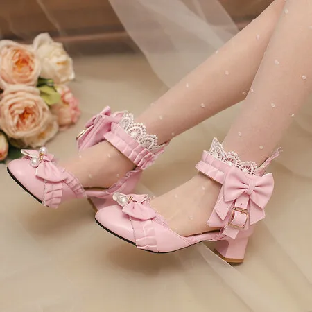 Summer Womens High Heel Sandals Girls Cute Bowknot Mary Jane Lolita Shoes Sweet Bow Cute Shallow Side Open Pink