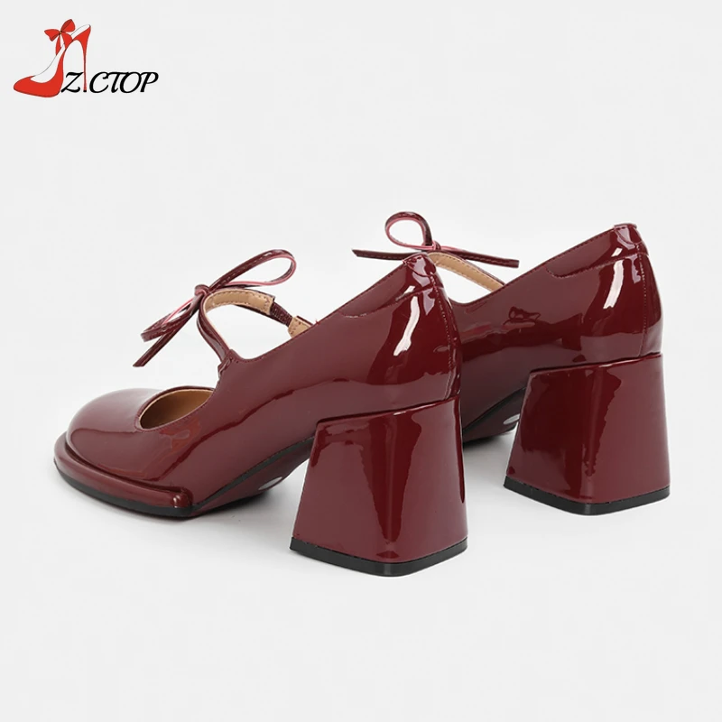 Red Mary Jane décolleté con tacco per donna 2024 primavera autunno nuova pelle verniciata Vintage papillon con tacco alto spesso scarpe eleganti da