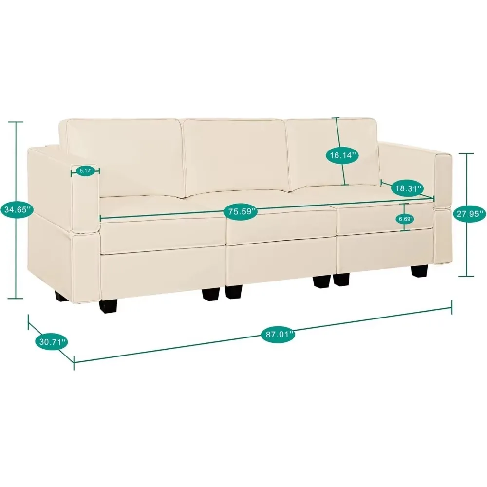 Judeu-ar sofá de couro com assentos de armazenamento, 3 lugares sofá, bege, para sala de estar, 30.71 "d x 87.01" w x 34.65 "h