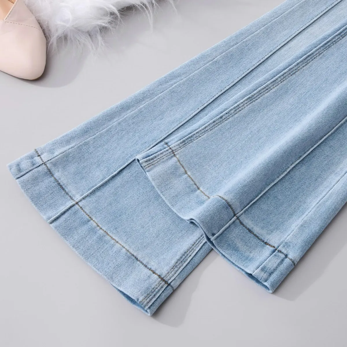 Pantaloni svasati azzurri da donna a vita alta pantaloni in denim morbido solido filo laterale stivali elasticizzati jeans tagliati S-2XL jeans lunghi femminili