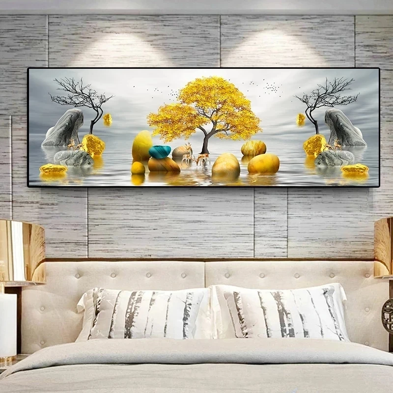 Nordic Abstract Leaf Golden Deer Elk Stone Ginkgo Biloba Canvas Painting Posters and Prints Wall Art Picture Home Decor No Frame
