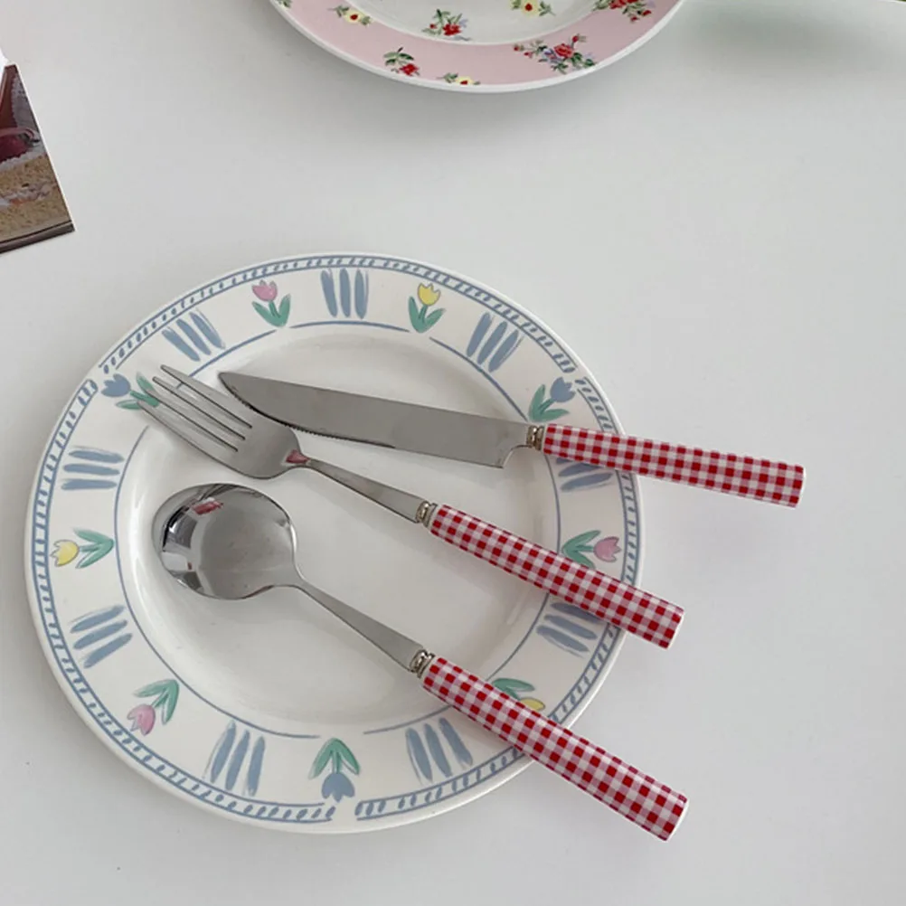 

1Set Stainless Steel Steak Fork and Cutter Red Check Ceramic Handle Ergonomic Design for Restaurant Home Kitchen Western Food