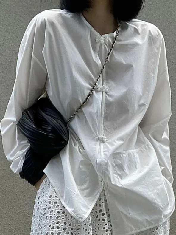 

Handmade Chinese Style Long Sleeve White Shirt round Neck Button up Cotton Casual Women's Fashion Spring New Arrival Top