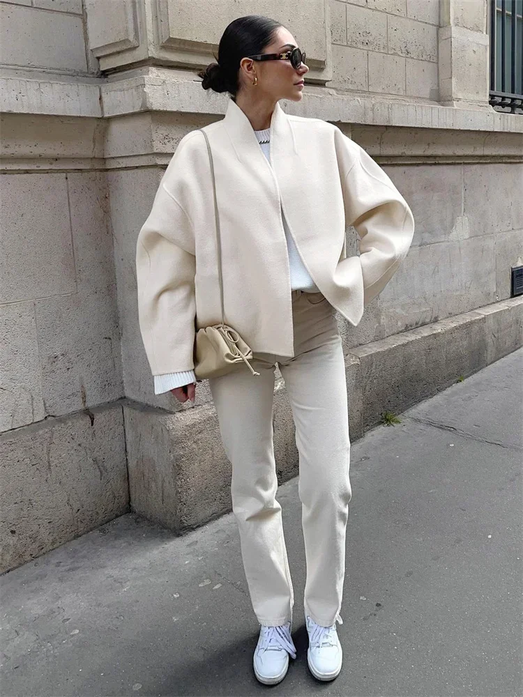 Fmxires New Casual Female Wool Overcoat Streetwear Patchwork Loose Cardigan Cropped Coat For Women Long Sleeve Solid Y2k Outwear