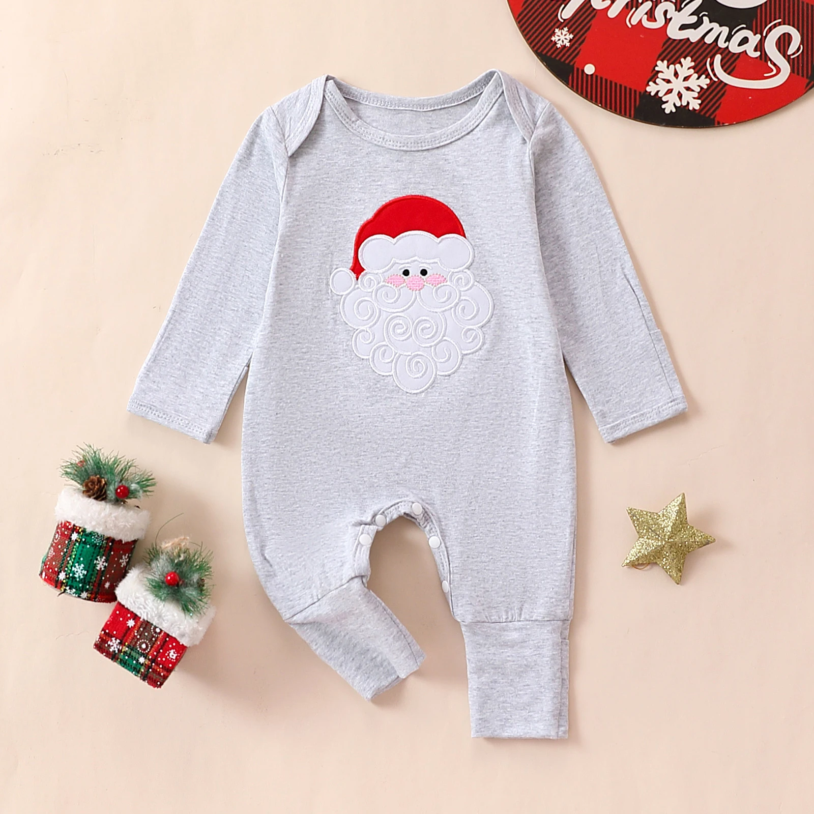 Mameluco de Bebé de Manga Larga Gris Bordado con Duende Navideño Neutral, Traje de Gateo Unisex para Bebés de Primavera y Otoño