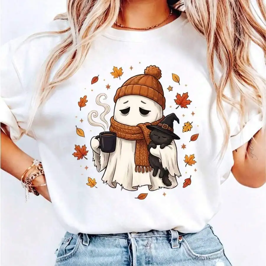 Women Trendy Sad Cozy Ghost Knit Hat Scarf Sleepy Witch Black Cat Print Crewneck Short Sleeve Cotton T Shirt Fall Maple Leaf Cottagecore Halloween Everyday Wear Casual Top