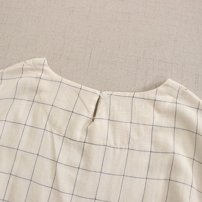 Japonês vintage mori menina xadrez dupla camada de fio de algodão vestido feminino verão novo o-pescoço manga curta casual solto midi vestidos