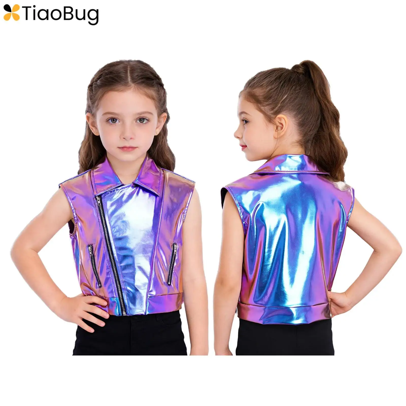 

Girl's Sleeveless Metallic Jazz Dance Jackets Costume Turn-Down Collar Childs Fashion Fringe Waistcoats Vest Party Streetwear