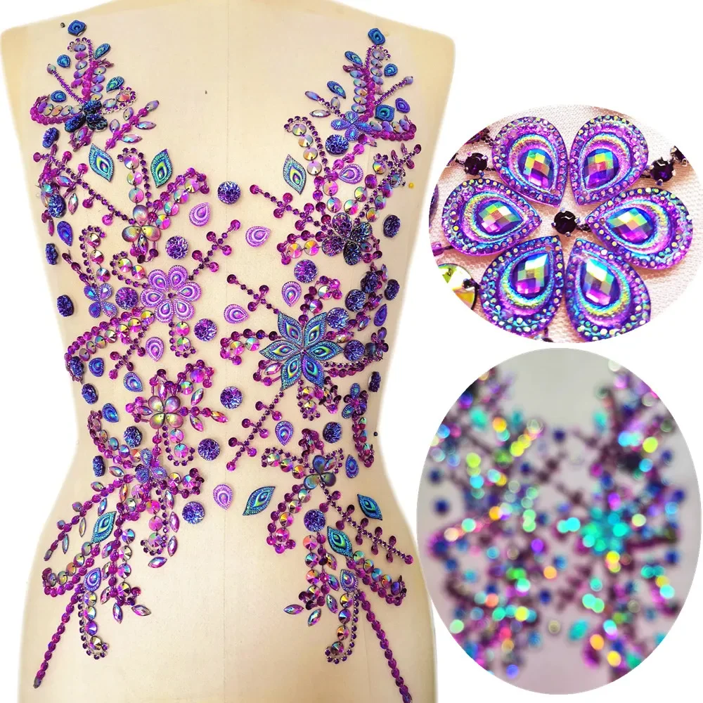 

Handmade Purple 30x55cm Sewing Beaded Rhinestones Crystals Sequins Sew on For Diy Wedding Applique Trim Chest Dress Decoration