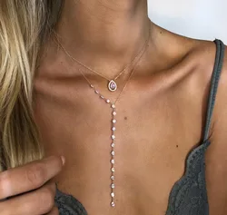Summer New Gold Color Long Y Sexy Jewelry Micro Pave Round Cz Bezel Station Link Chain Necklace for Women Wedding Jewelry Gift