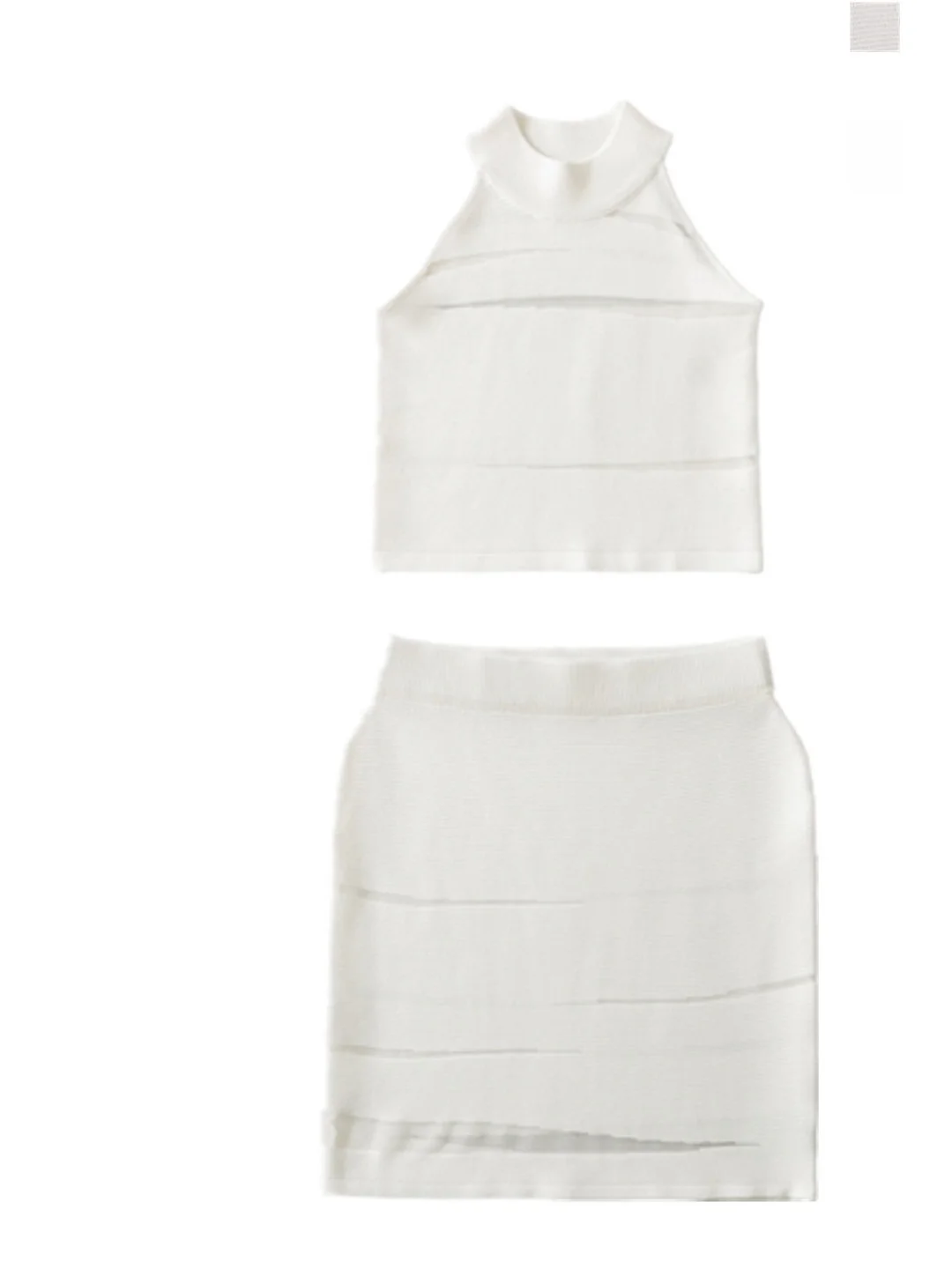 Seksowny ażurowy komplet dzianinowy z wysokim stanem, dopasowana spódnica, transparentny design, efekt wyszczuplający, okrągły dekolt, krótki top.