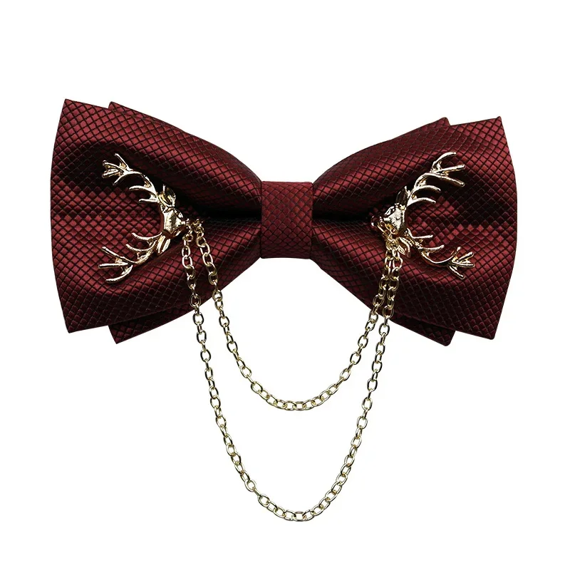 

New Solid Color Plaid Deer Head Chain Bow Tie Men's Wedding Banquet Accessories Double-layer Korean Suit Groom British Bowtie
