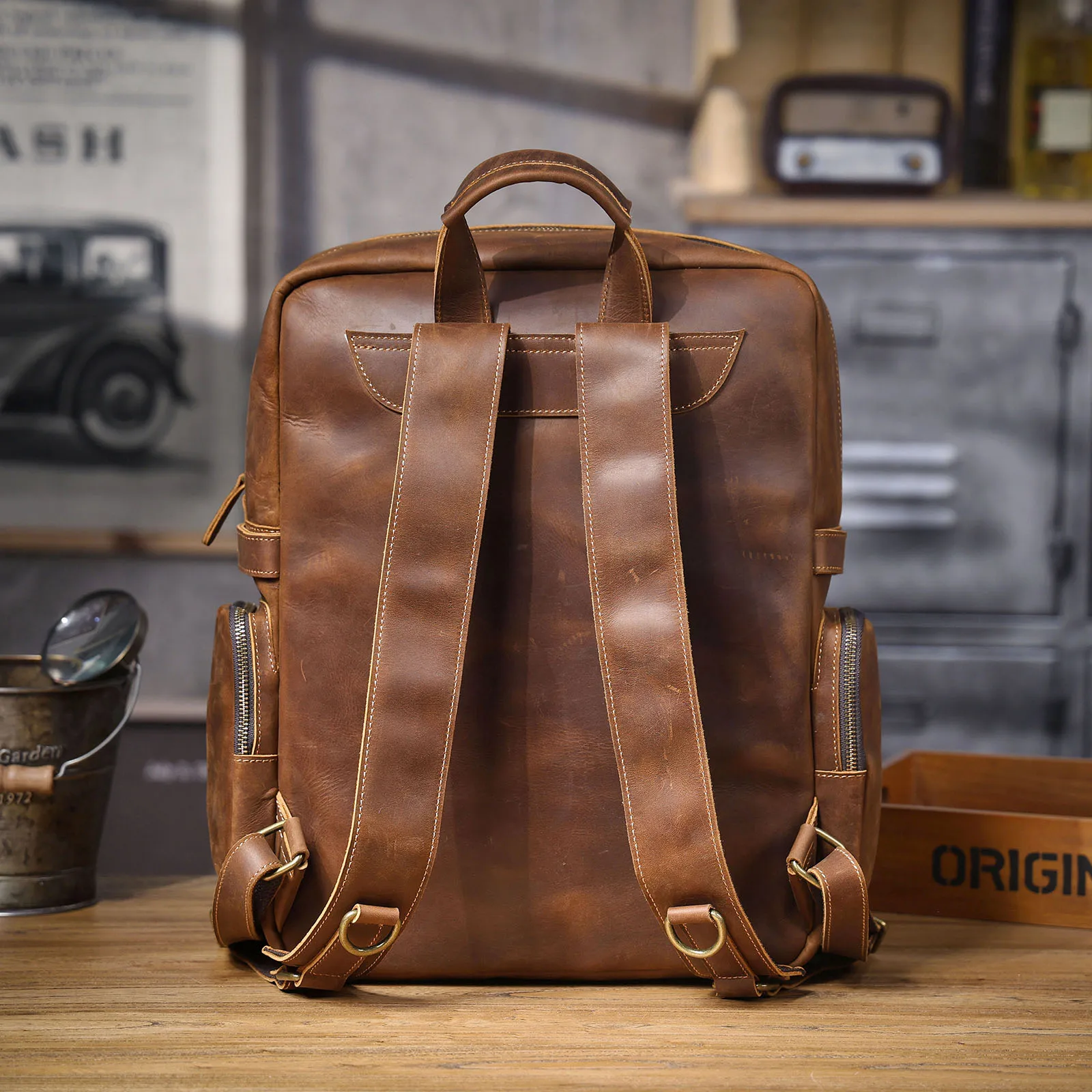 S.WORKER Vintage Echtleder-Rucksack Laptop-Tasche Casual Crazy-Horse-Leder Schultasche Outdoor-Reise-Weekender-Tasche – Detail 19