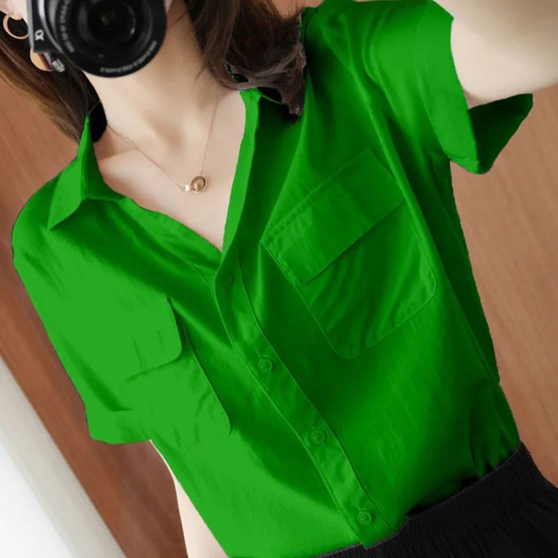 Fashion V-Neck Spliced Solid Color Pockets Shirt Women\'s Clothing 2023 Summer New Oversized Casual Tops Loose Korean Blouse