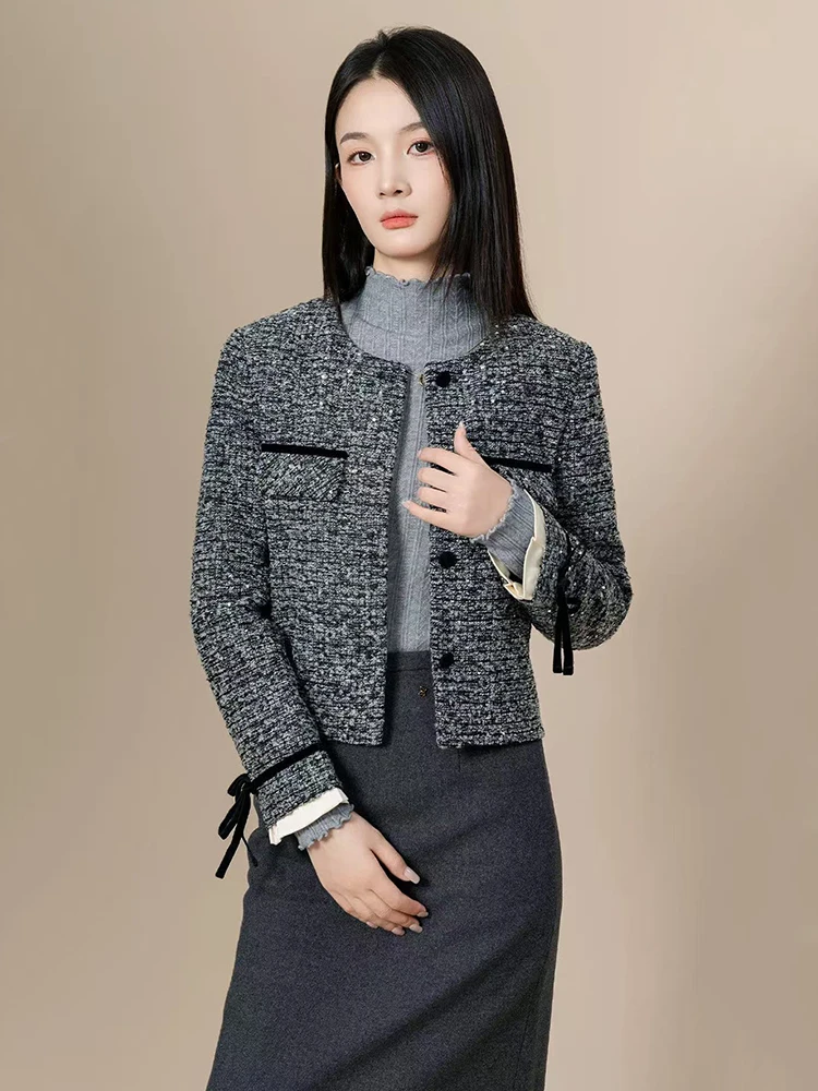 Luxury Sequins Tweed Jacket for Women Korean Elegant Office Lady Crop Coats Spring Fashion Splicing All Match O Neck Outerwear