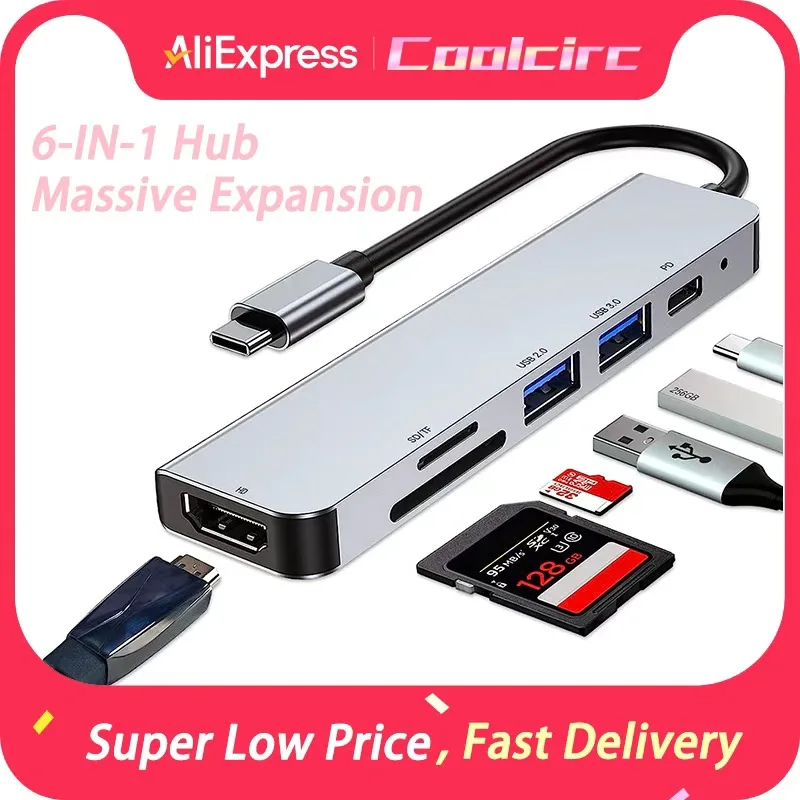 

Многопортовый адаптер Coolcirc 6-в-1 USB C с USB-файлами для передачи карт TF/SD Порты USB 3.0/2.0 для ноутбуков Высокая производительность