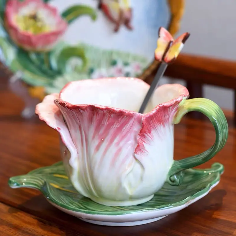 Pink Ceramic Coffee Cup Butterfly Fine Flower Shape Mug with Butterfly Spoon Afternoon Tea Flower Tea Coffee Cup Dessert Tray