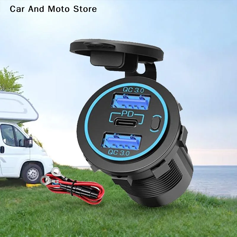 

Quad-Port 12V USB Outlet With Button Switch 96W Dual QC3.0 & Dual PD3.0 USB-C Car Charger Socket For RV Motorcycle Marine Truck