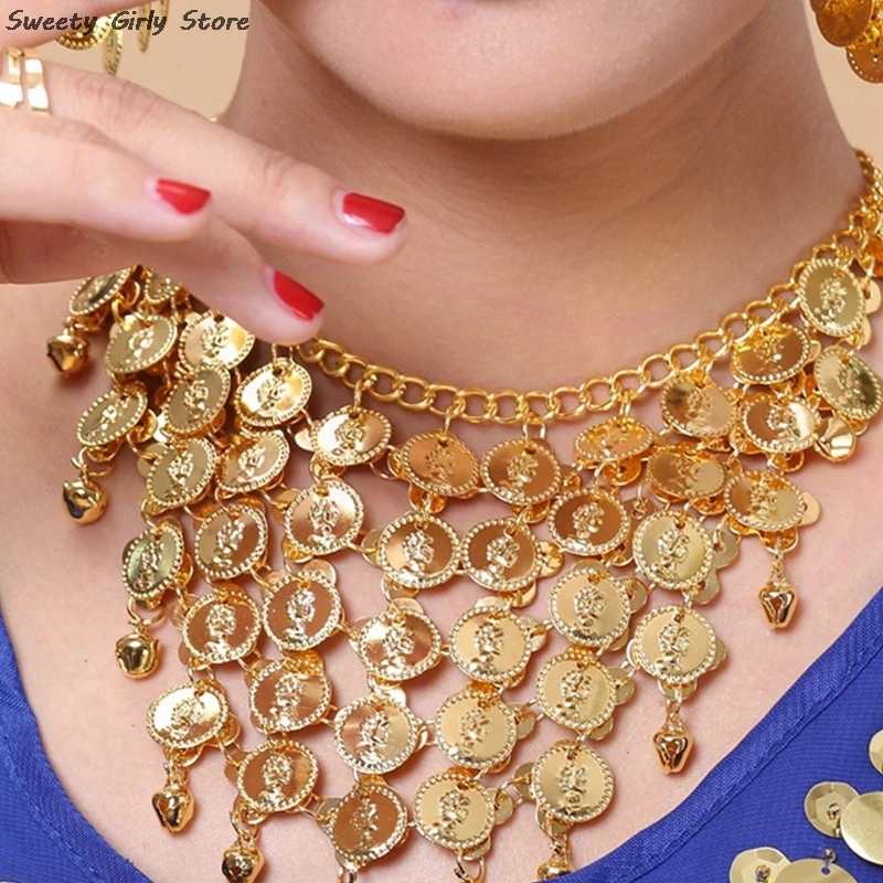 

Golden Coins Necklace Performance Belly Dance Neck Pendant Chains Women Choker Jewelry Vintage Collar Metal Coin Necklaces